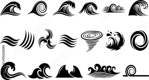 Dynamic Collection of Stylized Ocean Waves and Water Motion Graphic Elements, Perfect for Design Projects and Aquatic Themes with Various Movement Concepts