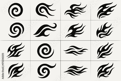 Tribal Flame and Swirl Symbol Set in Black and White for Tattoo and Graphic Design