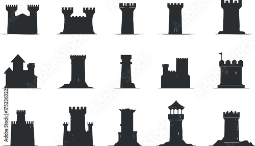 Collection of various castle tower silhouettes showcasing medieval architectural designs and fortifications.