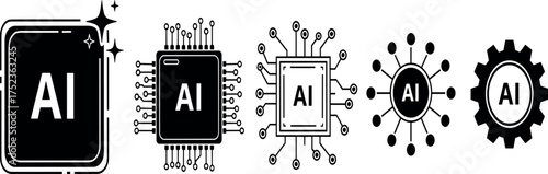 Contemporary Artificial Intelligence Concept Icon Set Vector Illustrations of AI Processors, Digital Brain Chips, and Network Connections for Modern Technology Design and Innovation