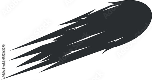 Black silhouette of a meteor or comet with a dynamic tail, representing speed and motion.