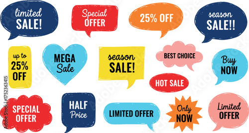 A vibrant collection of hand-drawn sale stickers and speech bubbles, featuring promotional text like Special Offer, Best Choice, and discount percentages for marketing