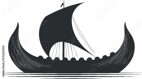 Silhouette of a Viking longship with sail, depicting ancient maritime exploration and adventure.
