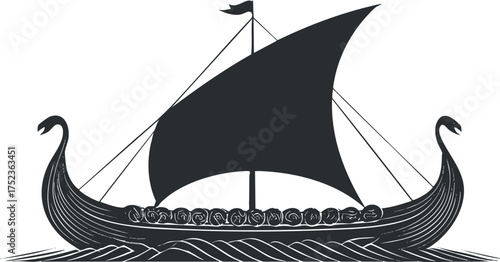Silhouette of a traditional Viking ship with a sail and dragon head on the sea.