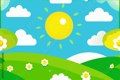 Cheerful cartoon landscape with sun clouds green hills and white daisies illustration nature