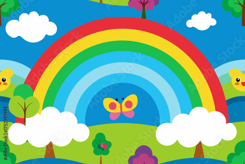 Vibrant cartoon rainbow with smiling suns, clouds, trees, and a butterfly in a playful landscape vector