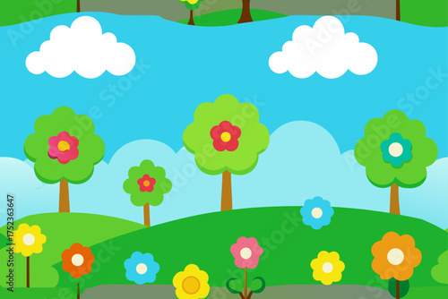 Whimsical cartoon garden with colorful flowers and trees under a blue sky illustration nature