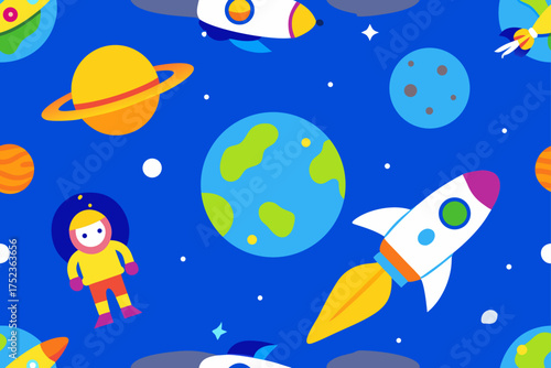 Whimsical Space Adventure Seamless Pattern with Planets Astronauts and Rockets vector illustration