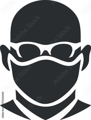 Black and white silhouette icon of a masked person wearing goggles, symbolizing protection and safety.