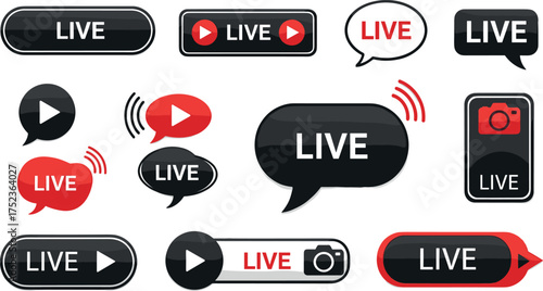 Collection of live streaming broadcast icons and symbols, including play buttons, notification bubbles, and camera emblems for media and broadcasting