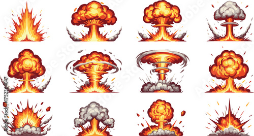 Set of Explosions Dynamic Illustrations of Bomb Blasts and Atomic Events in Various Styles