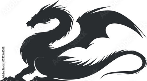 Black silhouette of a mythical dragon with intricate details and fierce posture.