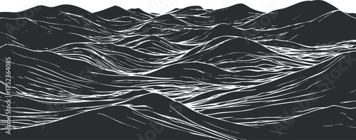 Monochrome artistic illustration of mountainous landscape with abstract contours and lines.