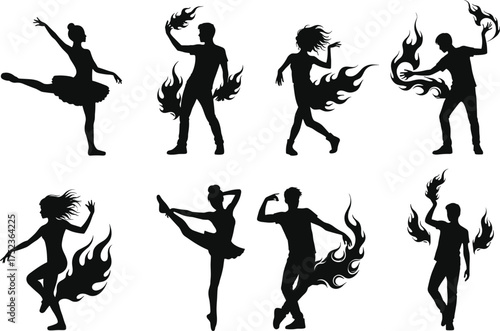 Flame dancer silhouette illustration set, male and female performing poses, fire energy motion art vector collection