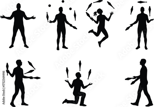 Juggler silhouette vector set, people juggling clubs in dynamic poses