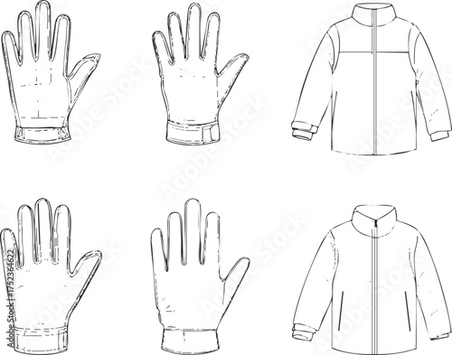 Black and white outline sketches of gloves and jacket for fashion design and apparel illustration.