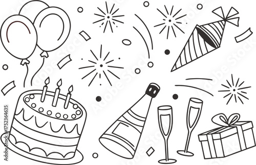 Hand drawn doodle elements for birthday celebration including cake balloons gifts and party hats