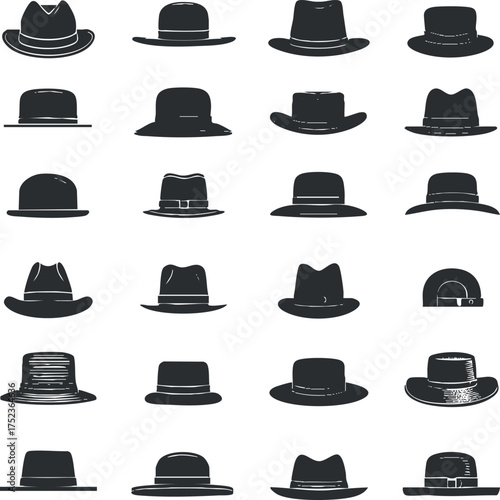 Illustration of various classic hat styles including fedoras, bowlers, and trilbies.