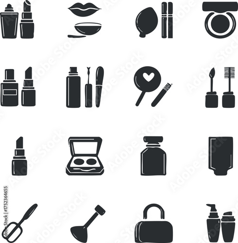 Collection of black cosmetic icons including lipstick, mascara, brushes, and skincare products.