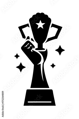 Hand holding a trophy for winning a competition