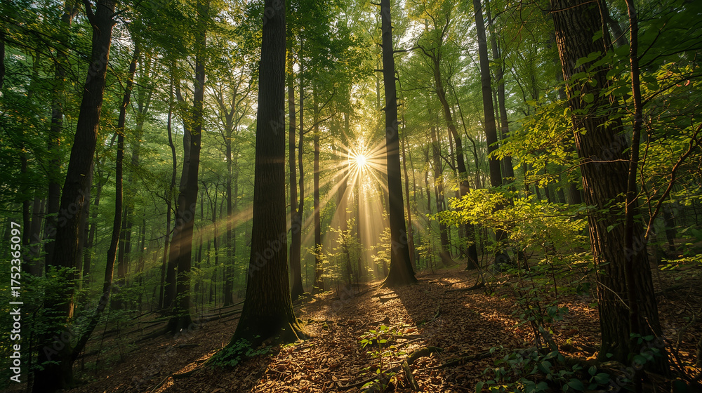 Fototapeta premium AI-generated image of a dense green forest bathed in warm sunlight, creating a peaceful and mystical natural atmosphere.