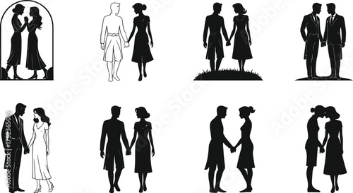 Romantic couple silhouettes, vintage and modern pairs, holding hands, wedding, love, lifestyle, timeless romance, illustration, people, together