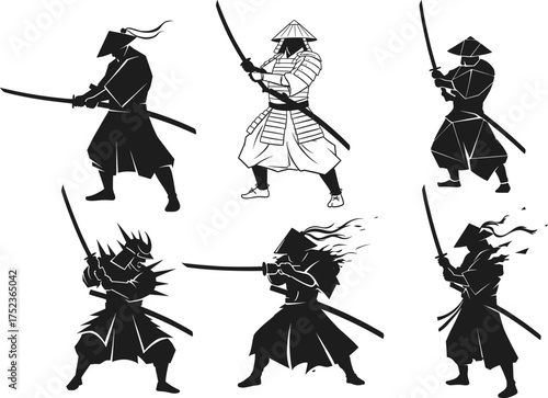 Samurai warrior silhouette vector set, katana sword poses, Japanese culture tradition, martial arts battle illustration collection