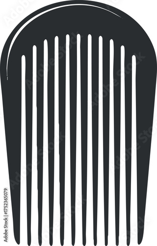 Black plastic comb with closely spaced teeth for hair grooming and styling.