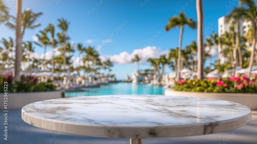 Fototapeta premium Empty round marble table surface overlooking a luxury resort swimming pool with palm trees