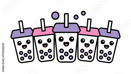Vector art of cute boba tea cups with smiling faces