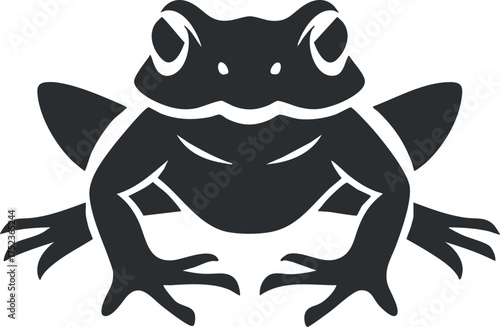 Stylized black and white silhouette of a frog with bold graphical design elements.