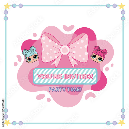 Vector illustration featuring an abstract pink background, adorned with a bow, designed as a decorative banner in a Lol surprise doll girlish style, suitable as an invitation card template