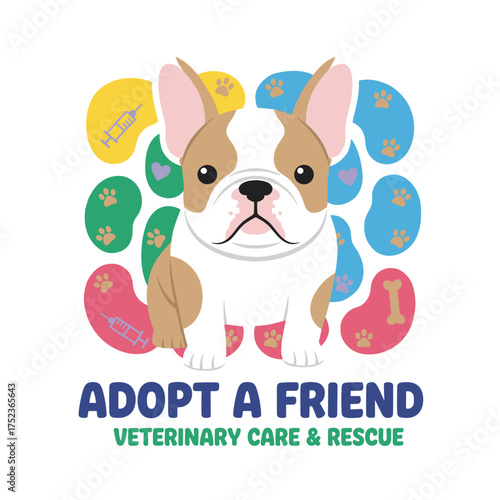 A French bulldog puppy, a seamless dog paw pattern featuring a cat footprint, set against a colorful backdrop, showcasing pet adoption, veterinary care and facilities, and homeless pet rescue