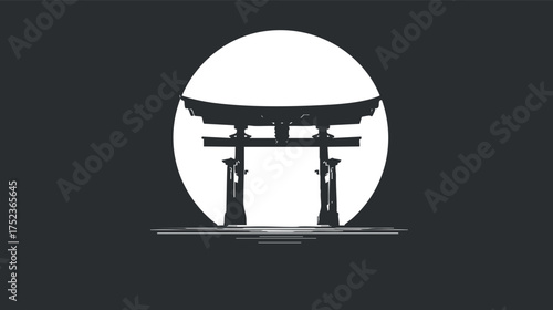 Minimalist silhouette of a torii gate against a full moon, emphasizing Japanese cultural symbolism.