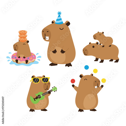 A collection of adorable and humorous capybara characters, featuring a cute rodent animal in vector illustration style, depicted as cartoon animals