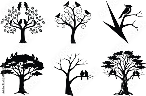 Tree and bird silhouette vector set, nature wildlife perched animals branches forest illustration collection