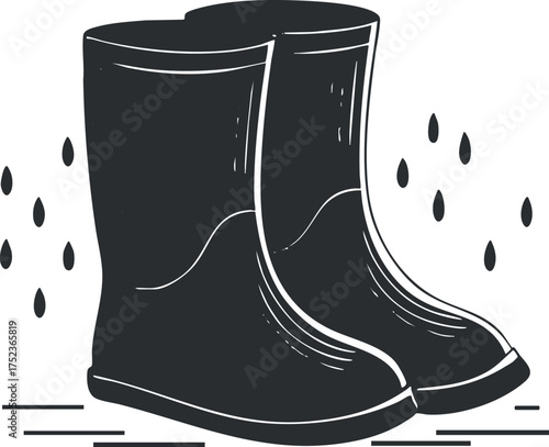 Black and white illustration of waterproof rubber boots with raindrop accents.