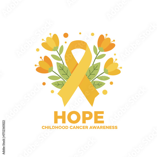 Vector illustration of Childhood Cancer Awareness Month featuring a yellow ribbon and flowers, symbolizing the yellow ribbon for childhood cancer awareness