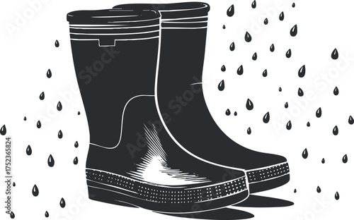 Monochrome illustration of rubber boots with raindrops, symbolizing waterproof footwear and rainy weather.
