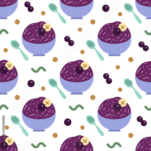 A seamless pattern showcases a bowl of Brazilian frozen acai berries, popular detox and healthy superfoods in Brazil, Hawaii, and Baja California, with purple mashed frozen acai berries