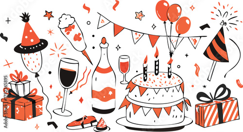 Hand drawn doodle style birthday party elements including cake balloons gifts and confetti