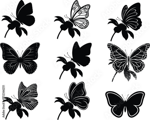 Butterfly on flower silhouette vector set, insect wings nature garden pollinator decorative illustration collection