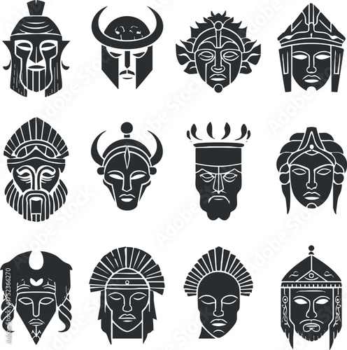 Set of twelve stylized warrior masks in black and white, showcasing mythological themes.