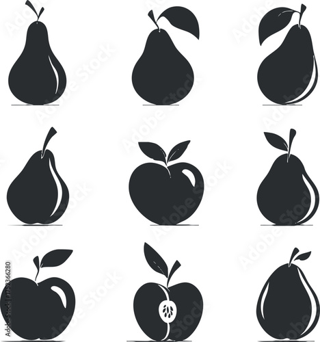 Silhouette illustration of apples and pears in black and white vector style.