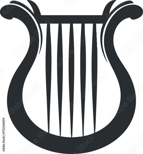 Black silhouette of a lyre, a classical string instrument, symbolizing music and art.
