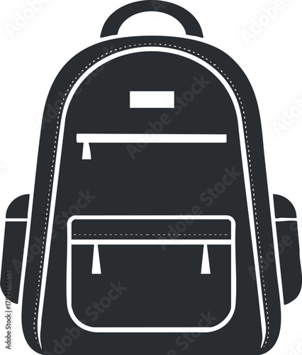 Black and white silhouette of a backpack with pockets and zipper, ideal for school or travel.