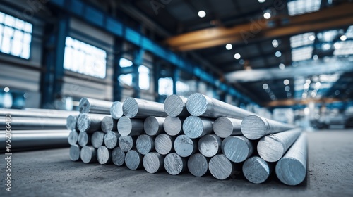 Stack of smooth, round aluminum or steel metal bars on a factory floor
