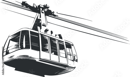 Black and white illustration of a cable car suspended on wires, depicting urban transportation.