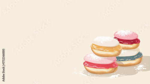 Three colorful sufganiyot donuts topped with powdered sugar, delicious traditional Hanukkah dessert background for festive food presentation design.