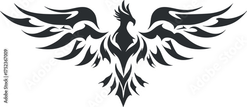 Black tribal phoenix tattoo design with outstretched wings and intricate patterns.